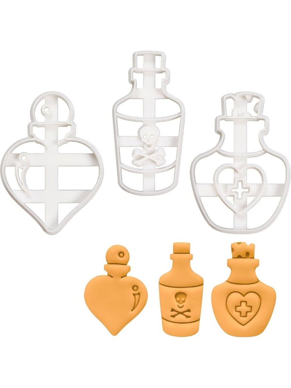 Set of 3 Potion Bottle Cookie Cutters - Love, Poison & Health Designs, Baking